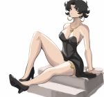  1girl betty_boop betty_boop_(character) black_dress black_eyes black_footwear bracelet breasts dress earrings gold_earrings gold_necklace high_heels highres hoop_earrings jewelry medium_breasts messy_hair necklace rakeem_garcia-cueto short_hair sitting stairs thighlet 