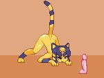  animal_crossing animated ankha_(animal_crossing) anthro blinking blue_body blue_fur butt_wiggle digital_media_(artwork) dildo domestic_cat felid feline felis female fur hair low_res mammal nintendo noscium nude pixel_(artwork) sex_toy short_playtime simple_background video_games yellow_body yellow_fur 