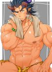  1boy abs bara beard bulge chest dark_blue_hair facial_hair fang horns jewelry looking_at_viewer male_focus male_underwear muscle necklace nipples pectorals scar simple_background steam sugo6969 takemaru_(tokyo_houkago_summoners) thick_eyebrows thighs tokyo_houkago_summoners towel underwear underwear_only upper_body 