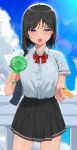  1girl black_hair black_skirt blue_sky blush bow cloud collared_shirt commentary cowboy_shot day dress_shirt electric_fan food foreshortening half-closed_eyes handheld_fan highres holding holding_food looking_at_viewer open_mouth original outdoors pink_eyes pleated_skirt popsicle railing red_bow school_uniform shirt short_sleeves skirt sky solo standing suzuharu_toufu sweat upper_teeth white_shirt 