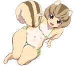  2019 5_fingers anthro bikini black_eyes blush breasts brown_hair chipmunk clothing female fingers fur green_bikini green_clothing green_swimwear ground_squirrel hair kemono mammal micro_bikini open_mouth open_smile rodent sciurid senzoc simple_background sitting small_breasts smile solo striped_body striped_fur stripes swimwear tan_body tan_fur tongue white_background 