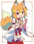  1girl :d animal_ear_fluff animal_ears brown_eyes commentary_request fang fox_ears fox_girl fox_tail hand_gesture highres japanese_clothes long_sleeves looking_at_viewer manga_(object) middle_w miko open_mouth orange_hair ribbon-trimmed_sleeves ribbon_trim roku_no_hito senko_(sewayaki_kitsune_no_senko-san) sewayaki_kitsune_no_senko-san short_hair smile solo tail white_background wide_sleeves 
