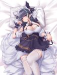  1girl :q apron aqua_eyes azur_lane bangs bed_sheet black_hair breasts cheshire_(azur_lane) cleavage detached_sleeves frilled_hairband frilled_headband frilled_ribbon frills garter_straps hairband highres large_breasts long_ribbon looking_at_viewer lying maid_dress maid_headdress multicolored_hair on_back paw_pose pillow puffy_detached_sleeves puffy_sleeves ribbon short_hair smile solo streaked_hair thighhighs tongue tongue_out wei_xiao white_legwear wrist_cuffs 