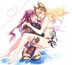  2girls 4110ring ^_^ animal_ears bandaged_hand bandages belt belt_pouch bikini bikini_bottom bikini_top blonde_hair bodysuit carrying closed_eyes commentary_request ear_piercing erune flower gauntlets gloves granblue_fantasy hair_flower hair_ornament hand_on_another&#039;s_shoulder long_hair mari_(granblue_fantasy) meg_(granblue_fantasy) multiple_girls ocean open_mouth piercing ponytail pouch princess_carry red_hair scar smile swimsuit wet wetsuit yuri 