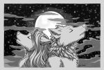  2020 canid canine canis detailed_background duo eyebrows eyelashes eyes_closed female hi_res jay-kuro male mammal monochrome night outside sky star starry_sky traditional_media_(artwork) wolf 
