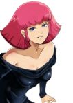  1girl bangs black_dress blue_eyes breasts cleavage collarbone dress gacha-m grin gundam gundam_zz haman_karn long_hair looking_at_viewer medium_breasts off-shoulder_dress off_shoulder pink_hair shiny shiny_hair simple_background sketch smile solo upper_body white_background 