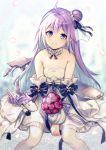  1girl :d ahoge alicorn azur_lane bare_shoulders blurry bouquet choker collarbone commentary_request depth_of_field detached_sleeves dress earrings flight_deck flower hair_bun highres jewelry long_hair looking_at_viewer machinery one_side_up open_mouth petals puffy_sleeves purple_eyes purple_hair red_flower red_rose rose side_bun sitting smile solo unicorn_(a_dream_of_pure_vows)_(azur_lane) unicorn_(azur_lane) wedding_dress white_dress white_legwear yoruhachi 