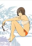  1girl bare_legs barefoot bikini brown_hair expressionless eyewear_removed from_side highres holding holding_eyewear knees_up leaf looking_at_viewer orange_bikini original plant shadow sitting solo sunglasses swimsuit tanaka_hirotaka white_bikini 