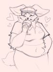  &lt;3 2020 anthro arm_tuft belly_grab blush breasts burger cervid character_name chih-lin_zhou chinese_water_deer clothing eating elbow_tufts eyes_closed female food hat headgear headwear magnetiorchid mammal monochrome navel pink_background portrait simple_background sketch slightly_chubby solo three-quarter_portrait tuft visor_cap water_deer work_uniform 