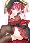  1girl blush breasts crossed_legs hat heterochromia highres hololive houshou_marine large_breasts looking_at_viewer medium_hair pirate_hat red_hair sitting sleeveless solo thighhighs tongue tongue_out virtual_youtuber yuano 