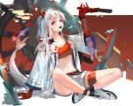  1girl :d arknights arm_support arm_up bandeau bangs bare_legs bead_bracelet beads belt black_belt bracelet braid eyebrows_visible_through_hair fang grey_footwear holding horns indian_style jacket jewelry long_hair long_sleeves looking_at_viewer midriff navel nian_(arknights) nima_(niru54) open_clothes open_jacket open_mouth pointy_ears purple_eyes shoes short_shorts shorts silver_hair single_braid sitting smile solo stomach strapless tail thighs tongue tongue_out tubetop white_jacket white_shorts wide_sleeves 