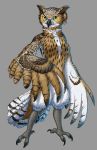  anthro avian beak bird black_beak breasts clothed clothing ear_piercing ear_ring feathered_wings feathers featureless_breasts female grey_background hi_res jay-kuro non-mammal_breasts owl piercing simple_background solo standing wings yellow_eyes 