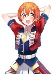  1girl arms_behind_head belt facing_viewer highres hoshizora_rin jacket looking_at_viewer love_live! love_live!_school_idol_project naarann open_mouth orange_hair red_jacket short_hair short_sleeves simple_background smile solo white_background yellow_eyes 