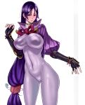  1girl absurdres akira_(yuibnm71) arm_guards armor bangs bodysuit breasts closed_mouth commentary_request covered_navel fate/grand_order fate_(series) fingerless_gloves fingernails gloves hair_ornament highres large_breasts lips long_hair long_sleeves low-tied_long_hair minamoto_no_raikou_(fate/grand_order) puffy_sleeves purple_bodysuit purple_eyes purple_hair shiny shiny_clothes simple_background skin_tight smile solo tied_hair turtleneck very_long_hair 