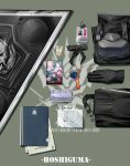  arknights armband bandaid beer_can black_gloves black_shirt breastplate can character_name cup drinking_glass file folded_clothes gloves great_lungmen_logo highres hoshiguma_(arknights) key manga_(object) name_tag no_humans shield shirt ting_(machi_nakahara) 