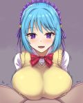  1boy 1girl blue_hair blush breast_squeeze breasts cleavage clothed_female_nude_male demon_girl hetero highres kurono_kurumu large_breasts long_hair looking_at_viewer noumu_(pixiv) nude open_mouth paizuri paizuri_on_lap paizuri_under_clothes pov pov_crotch purple_eyes rosario+vampire short_hair smile solo_focus 