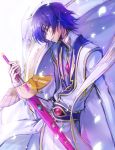  1boy c_(rahit) cape code_geass formal holding holding_sword holding_weapon lelouch_lamperouge long_sleeves parted_lips profile purple_eyes purple_hair smile solo standing sword weapon white_cape 