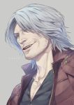  1boy black_shirt blue_eyes character_name coat collared_coat commentary dante_(devil_may_cry) devil_may_cry devil_may_cry_5 eyebrows_visible_through_hair facial_hair gold_trim grey_background looking_at_viewer male_focus open_clothes open_coat open_mouth open_shirt parted_hair partially_unbuttoned popped_collar portrait red_coat shirt short_hair simple_background smile solo stubble talgi unbuttoned unbuttoned_shirt upper_teeth white_hair 
