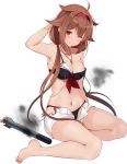  1girl adapted_costume barefoot bikini black_bikini black_swimsuit breasts brown_hair hair_flaps hairband kantai_collection kujou_ichiso medium_breasts official_art orange_eyes red_hairband shiratsuyu_(kantai_collection) short_hair swimsuit whistle whistle_around_neck 