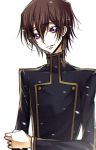  1boy ashford_academy_uniform bangs black_jacket brown_hair code_geass eyebrows_visible_through_hair hair_between_eyes highres jacket kokuchi lelouch_lamperouge long_sleeves male_focus parted_lips purple_eyes shiny shiny_hair simple_background smile solo white_background 
