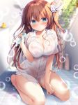 1girl bangs bare_legs bare_shoulders bath blurry blurry_background blush bra bra_through_clothes breasts brown_hair cleavage commentary_request green_eyes hair_between_eyes hair_ornament highres large_breasts long_hair looking_at_viewer original parted_lips pink_bra sasai_saji see-through shirt short_sleeves signature sitting soap_bubbles solo sponge two_side_up underwear wet wet_clothes wet_shirt white_shirt x_hair_ornament 