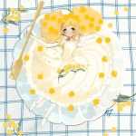  1girl bangs blonde_hair dress elbow_gloves flower fork full_body gloves highres inata17ta long_hair lying on_back original oversized_object solo white_dress white_footwear white_gloves yellow_flower 