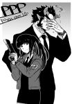  1boy 1girl alternate_costume beard black_hair blush chest cosplay facial_hair fang formal greyscale gun horns long_hair male_focus master_2_(tokyo_houkago_summoners) monochrome muscle necktie pectorals psycho-pass scar simple_background sugo6969 suit takemaru_(tokyo_houkago_summoners) thick_eyebrows tokyo_houkago_summoners upper_body weapon 