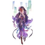  1girl bangs belt boots eyebrows flower granblue_fantasy hair_between_eyes hair_flower hair_ornament hair_ribbon hands_up holding holding_mask japanese_clothes kimono long_hair looking_at_viewer mask official_art purple_hair ribbon rosamia_(granblue_fantasy) smile solo standing yellow_eyes yukata 