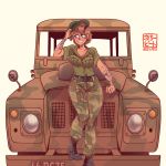  1girl absurdres artist_name beret blue_eyes blush breasts brown_hair camouflage camouflage_pants cleavage commission hat highres land_rover license_plate original pants smile solo tattoo willy_pete 
