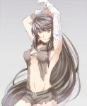 1girl armpits arms_up bandaged_arm bandages bangs belt belt_buckle black_hair braid breasts brown_eyes buckle cleavage closed_mouth cowboy_shot floating_hair grey_background grey_shorts hair_over_shoulder long_hair looking_at_viewer medium_breasts midriff mishiro_(andante) navel shiny shiny_hair short_shorts shorts sideboob simple_background solo standing stomach swept_bangs tales_of_(series) tales_of_berseria torn_clothes torn_shorts velvet_crowe very_long_hair 
