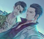  2boys bare_chest black_eyepatch black_hair building chain chest_tattoo clear_sky closed_mouth collarbone collared_shirt commentary dress_shirt eyepatch facial_hair facing_viewer forehead formal goatee gold_chain grey_eyes grey_jacket grey_suit grin hair_slicked_back jacket jewelry kiryuu_kazuma looking_away majima_gorou male_focus multiple_boys mustache one_eye_covered open_mouth orange_eyes parted_hair pectorals popped_collar print_eyepatch red_shirt ryuu_ga_gotoku shirt short_hair sideburns sky smile snakeskin_print suit talgi tattoo toned toned_male v-shaped_eyebrows yellow_jacket 