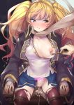  1girl bdsm blonde_hair blue_skirt blush breasts calligraphy_brush censored granblue_fantasy hand_on_another&#039;s_chin jacket long_hair long_sleeves looking_at_another medium_breasts monika_weisswind mosaic_censoring nipples no_panties nukkoru one_breast_out paintbrush pubic_tattoo sitting skirt tattoo thighhighs torn_clothes torn_legwear twintails yellow_eyes 