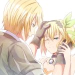  1boy 1girl ;( aqua_eyes black_choker black_gloves black_hairband blonde_hair bow brother_and_sister choker collarbone edna_(tales) eizen_(tales) eye_contact gloves green_bow green_ribbon hair_bow hair_ribbon hairband half-closed_eyes hand_on_another&#039;s_cheek hand_on_another&#039;s_face hand_on_another&#039;s_head looking_at_another mishiro_(andante) parted_lips ribbon short_hair short_sleeves siblings side_ponytail tales_of_(series) tales_of_berseria tales_of_zestiria 