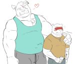  &lt;3 2020 absurd_res anthro blush bottomwear bulge clothing duo felid feline fire_mobster hi_res humanoid_hands male male/male mammal overweight overweight_male pants phone renobato scar shirt simple_background tokyo_afterschool_summoners topwear video_games white_background wood_baron 