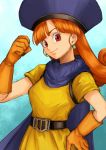  1girl alena_(dq4) arm_up belt_buckle blue_cape buckle cape clenched_hand dragon_quest dragon_quest_iv earrings gloves hand_on_hip jewelry long_hair looking_at_viewer orange_gloves orange_hair red_eyes shirt short_sleeves smile solo usui_natrium yellow_shirt 
