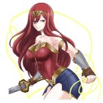  1girl armlet bangs breasts brown_eyes cleavage closed_mouth cosplay cowboy_shot erza_scarlet fairy_tail faulds floating_hair hair_between_eyes headband holding holding_sword holding_weapon large_breasts lisa_(lisa_lisa_life) long_hair looking_at_viewer red_hair shiny shiny_hair simple_background sleeveless smile solo standing striped sword very_long_hair weapon white_background wonder_woman wonder_woman_(cosplay) 