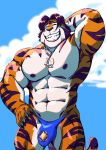  2020 abs amulet anthro bulge clothing cloud cloudscape eyes_closed felid hair hand_behind_head hand_on_hip jewelry kalendil male mammal muscular muscular_anthro muscular_male navel necklace nipples open_mouth outside pantherine pecs sky smile solo speedo standing swimwear taoren teeth tiger 
