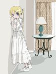  1girl blonde_hair blush_stickers closed_mouth curtains dress frilled_dress frills from_side hands_up highres kill_me_baby lampshade long_dress long_hair long_sleeves looking_at_viewer looking_to_the_side nadegata purple_eyes shoes solo sonya_(kill_me_baby) table twintails white_dress white_footwear 