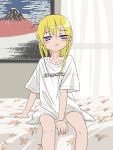  1girl between_legs blonde_hair blush_stickers hair_down hand_between_legs highres kill_me_baby long_hair looking_at_viewer nadegata naked_shirt on_bed painting_(object) parted_lips purple_eyes shirt short_sleeves simple_background sitting solo sonya_(kill_me_baby) 