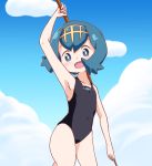  1girl :d arm_up armpits bangs blue_eyes blue_hair blush cloud collarbone commentary_request covered_navel day eyebrows_visible_through_hair gold_hairband hairband happy holding looking_at_viewer no_sclera one-piece_swimsuit open_mouth owlz pokemon pokemon_(game) pokemon_sm short_hair sky smile solo suiren_(pokemon) swimsuit trial_captain 
