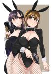  2girls animal_ears black_eyes black_hair black_neckwear bow bowtie breasts brown_eyes brown_hair bunny_ears bunnysuit cleavage commentary_request cowboy_shot detached_collar fishnet_legwear fishnets gun hair_bun hair_ornament hairclip handgun highres large_breasts leotard long_hair looking_at_viewer multiple_girls orange_eyes original pantyhose revolver short_hair standing strapless strapless_leotard tailcoat tokihama_jirou two-tone_background weapon weapon_request wrist_cuffs 