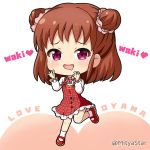  1girl :d bangs brown_hair commentary_request double_bun dress drooling groping_motion hair_ornament hair_scrunchie hands_up heart idolmaster idolmaster_cinderella_girls long_hair long_sleeves looking_at_viewer mary_janes miicha mouth_drool munakata_atsumi open_mouth pink_scrunchie purple_eyes red_dress red_footwear romaji_text scrunchie shirt shoes sleeveless sleeveless_dress smile socks solo standing standing_on_one_leg translation_request twitter_username white_background white_legwear white_shirt 