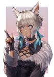  1girl absurdres animal_ears bangs black_gloves border breasts cat_ears cleavage dark_skin facial_mark final_fantasy final_fantasy_xiv fur_trim gloves highres hjz_(artemi) looking_at_viewer medium_breasts miqo&#039;te neck_tattoo outside_border partly_fingerless_gloves short_hair silver_eyes silver_hair tattoo white_border y&#039;shtola_rhul 