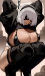  1girl alternate_breast_size bakkanki bikini black_bikini black_blindfold black_footwear blindfold boots breastless_clothes breasts captured chain cleavage high_heel_boots high_heels highres huge_breasts leotard lips mole mole_under_mouth nier_(series) nier_automata shiny shiny_skin short_hair squatting swimsuit thigh_boots thighhighs white_hair white_leotard yorha_no._2_type_b 