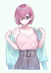  1girl absurdres alternate_costume bangs breasts collarbone commentary_request fate/grand_order fate_(series) flat_chest frown glasses hair_over_one_eye hands_up highres holding holding_clothes looking_at_viewer mash_kyrielight mr.doukotsu pale_skin purple_eyes purple_skirt shirt short_hair simple_background single_bare_shoulder skirt solo tank_top white_background white_shirt 