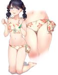  1girl 92m :d bangs bare_legs barefoot beige_bikini bikini black_hair blush braid clenched_hands cross-laced_bikini_top drill_hair eyebrows_visible_through_hair floral_print fukumaru_koito hair_tie highres idolmaster idolmaster_shiny_colors kneeling multiple_views navel open_mouth pink_eyes side-tie_bikini simple_background sleeveless smile solo swimsuit tankini twin_braids twin_drills twintails white_background wristband 