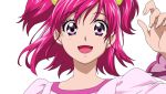  1girl :d anime_coloring bangs blush dearigazu2001 eyebrows_visible_through_hair floating_hair hair_between_eyes hair_ornament highres long_sleeves looking_at_viewer open_mouth pink_shirt portrait precure purple_eyes red_hair shiny shiny_hair shirt short_hair simple_background smile solo two_side_up white_background yes!_precure_5 yumehara_nozomi 