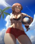  1girl aircraft airplane ball bangs beachball bikini black_bikini blue_sky braid brown_hair cloud commentary_request condensation_trail day from_below green_eyes highres kantai_collection long_hair long_sleeves looking_at_viewer maku_ro noshiro_(kantai_collection) outdoors palm_tree red_shorts shirt short_shorts shorts sky sleeves_rolled_up solo swept_bangs swimsuit tied_shirt tree twin_braids white_eyes 