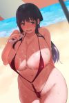  1girl areolae arm_behind_back arm_up bangs bare_shoulders beach beach_umbrella bikini black_hair blue_eyes blush breasts butsu_menhou commentary_request curvy huge_breasts lotion navel ocean open_mouth original plump pubic_hair pubic_hair_peek red_bikini sand shore sidelocks slingshot_swimsuit standing stomach sunscreen swimsuit thighs umbrella water waves 