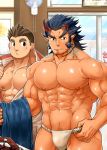  2boys abs bara beard brown_eyes brown_hair chest dark_blue_hair facial_hair fang fundoshi horns japanese_clothes jewelry kurogane_(tokyo_houkago_summoners) male_focus manly multiple_boys muscle necklace nipples pectorals red_eyes revealing_clothes scar sideburns simple_background sugo6969 takemaru_(tokyo_houkago_summoners) thick_eyebrows tokyo_houkago_summoners undressing upper_body 